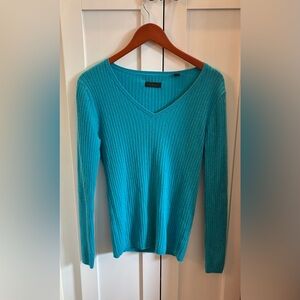 Saks Fifth Avenue Teal Ribbed V-Neck Cashmere Sweater Size Large